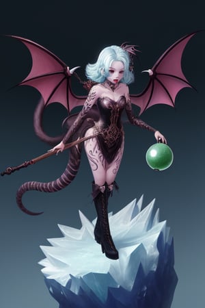  girl, 2 hair color, vampire, tattoo, long nails, costume mid century, long boots, long tail,  girl flying with black wing. hold staff with glowing crystall ball, green human soul inside crystall ball, background ice mountain with several wild animal