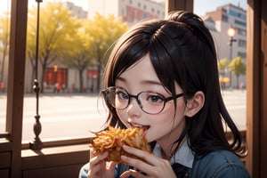 one chinese girl with eyeglasses, eating hot crispy pork, face look happy with eyes shut, camera_view only on face
