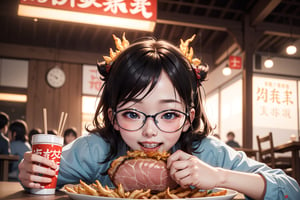  one chinese girl with eyeglasses, eating hot crispy pork with chopstick, face look happy with eyes shut,  camera_view only on face
