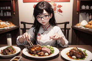 Prompt: chinese girl, good looking with glasses, chinese outfit, sloppy eat pork chop, background chinese market, splashing plate of chinese food
