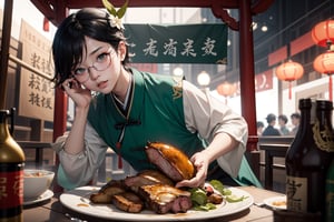 chinese girl, good looking with glasses, chinese outfit side angle , sloppy eat pork chop, background chinese market, splashing plate of chinese food,venti (genshin impact)