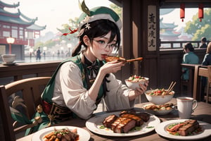 chinese girl, good looking with glasses, chinese outfit side angle camera , zoom fo face, sloppy eat pork chop, background chinese market, splashing plate of chinese food,venti (genshin impact)