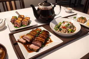 crispy pork belly on plate, plate on tray, food smoke, soy sauce on left side, chop stick on right side, vegetable dan bock choi on background, chinese tea with cup and teapot
