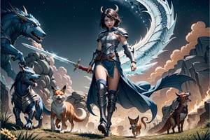 cute fox girl , wearing ice knight armour, strong claws, holding ice blue sword, glowing ice blue sword, red eyes, sharp teeth, open_mouth, angry look, walking on field, fantasy magic world, fantasy magic beast, ,drow,dragonborn,haruka,focus in cute face