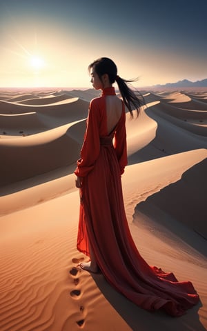 Depth, shadows. A magical, mystical, 4k render, intricate, digital painting, A highly detailed concept art by wlop, trending on artstation, trending on artstation, very coherent symmetrical artwork, (cinematic:1.28),  hyper realism, high detail, octane, look at viewer, a woman in a flowing red dress, standing atop a sand dune overlooking a vast desert landscape. The sun dips below the horizon, casting long shadows and painting the sky in fiery hues. The silence is broken only by the whisper of wind, and the woman's expression is one of quiet contemplation amidst the stark beauty of nature's harshest embrace.Chinese girl, 22 years old, very beautiful,
,sooyaaa,more detail XL,Supersex