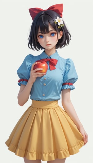 score_9, score_8_up, score_7_up, score_6_up, score_5_up, score_4_up,

1girl, solo, looking at viewer, short hair, bangs, blue eyes, skirt, simple background, shirt, black hair, hair ornament, white background, bow, holding, standing, full body, flower, short sleeves, hair bow, boots, food, puffy sleeves, artist name, hair flower, chibi, black footwear, red bow, puffy short sleeves, fruit, holding food, blue shirt, apple, yellow skirt, holding fruit