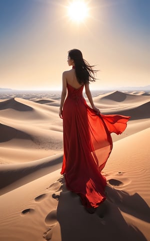 Depth, shadows. A magical, mystical, 4k render, intricate, digital painting, A highly detailed concept art by wlop, trending on artstation, trending on artstation, very coherent symmetrical artwork, (cinematic:1.28),  hyper realism, high detail, octane, a woman in a flowing red dress, standing atop a sand dune overlooking a vast desert landscape. The sun dips below the horizon, casting long shadows and painting the sky in fiery hues. The silence is broken only by the whisper of wind, and the woman's expression is one of quiet contemplation amidst the stark beauty of nature's harshest embrace.Chinese girl, 22 years old, very beautiful,
,sooyaaa,more detail XL,Supersex