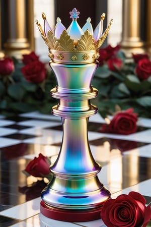 An ultra-realistic, high-definition illustration of an iridescent queen chess piece designed by Lupita Tenorio. The chess piece is adorned with a stunning, luxurious crown that emits dazzling flashes of light. At the base, the name "Tensot" is displayed in 3D, fully visible and highlighted. Surrounding the piece, there are elegantly arranged red and white roses with golden leaves. In the background, a collection of king and other chess pieces can be seen, further emphasizing the grandeur of this exquisite creation.