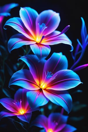 two colourful flowers from blue to purple light up the night, in the style of ethereal creatures, luminescent color scheme, beautiful glowwave, hyperrealistic marine life