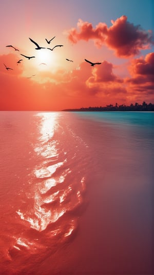 a masterpiece, a red hot sun , heating up atropical blue green beach atmosphere, birds flying in the sky, a bright red sun, 4k, ,artint