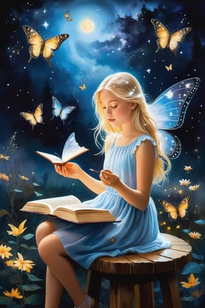 A captivating magical realism painting of a young girl with blonde hair sitting on a wooden stool. She is holding an open book with delicate pages, from which glowing butterflies emerge, elegantly floating upwards amongst a star-studded night sky. The girl's eyes are wide open, reflecting her fascination and immersion in the magical world of the book. The background features a serene landscape with a low-lying fog, adding to the dreamy atmosphere of the scene. The overall ambiance of the image is enchanting, with the contrast between the dark sky and the luminous butterflies creating an ethereal and mystical experience., painting, illustration, photo