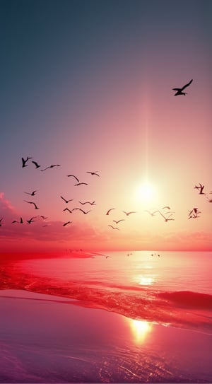 a masterpiece, a red hot sun , heating up atropical blue green beach atmosphere, birds flying in the sky, a bright red sun, 4k, ,artint