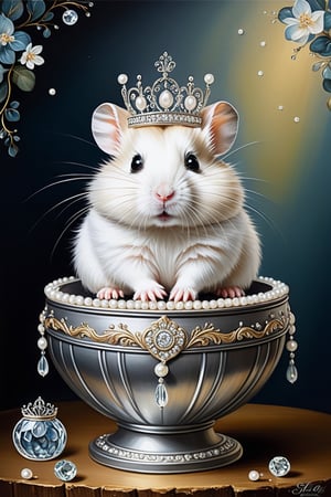 A whimsical and luxurious painting featuring a fluffy white hamster, adorned with a delicate tiara, nestled within an elegant silver-colored, round container. The container is intricately patterned and adorned with embedded crystals, creating a sense of opulence. The hamster's luxurious lifestyle is further emphasized by the scattered pearls on the wooden surface beneath the container. The dark background highlights the luminosity of the hamster and the container, making them the center of attention in this fantastical scene., painting