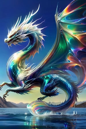 echmrdrgn western dragon, it's full body is iridescent splendour, semi-transparent and glowing opalescence, razor sharp talons and teeth, glorious wings, long whiskers, over water background, full body,