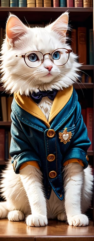 Envision an adorable and playful scene: A White lovely cat sits in front of a bookshelf, adorned with glasses and a vintage jacket, resembling an intellectual little princess