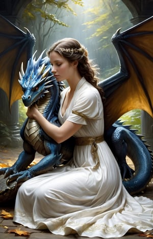 Dark romance fantasy, a draconic woman in a loose white dress is curled up laying on the ground hugging her knees in fetal-position, her own wings are wrapping around her bod , pet and blue dragon comforting her, loosely hugging holding small dragon,  elegant, melancholia, comfort, wings, horns, scales, Masterpiece, Intricate, Insanely Detailed, Art by todd lockwood, chris rallis, anna dittmann, Kim Jung Gi, Gregory Crewdson, Yoji Shinkawa, Guy Denning, Textured!!!!, Chiaroscuro!!, actionpainting", best quality, masterpiece,PetDragon2024xl