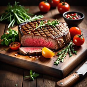 food photography, close-up top view, juicy piece of steak adorned with fresh herbs and fresh vegetables, dramatic lighting, Sharp Focus and Detail, on a rustic wooden table, Ultra realistic, intricate details.