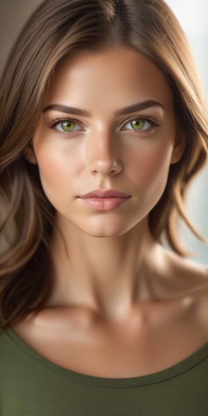 portrait of a confident, beautiful young woman. her shoulder length brown hair frames her face. natural beauty. beautiful green and brown eyes. catchlights in the eyes. full lips. The image has a neutral color tone with natural light setting. f/5.6 50mm, close-up, sharp focus, (Best Quality:1.4), (Ultra realistic, Ultra high res), Highly detailed, Professional Photography