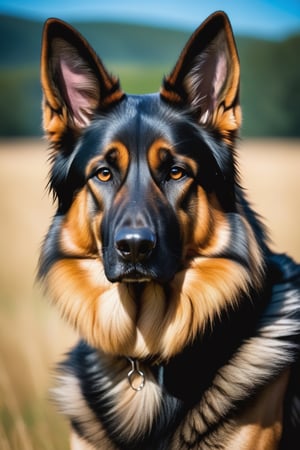 A stunning photograph of a unique dog breed, a German Shepherd crossed with an Ostrich. The dog has a sleek, muscular build and long limbs, reminiscent of an Ostrich, but maintains the German Shepherd's distinct facial features. Its fur is a mixture of the traditional black and tan German Shepherd coat and the feathery plumage of an Ostrich, creating a striking and surreal appearance. The backdrop is a vast, open field with rolling hills and a bright blue sky., photo