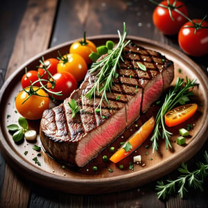 food photography, close-up top view, juicy piece of steak adorned with fresh herbs and fresh vegetables, dramatic lighting, Sharp Focus and Detail, on a rustic wooden table, Ultra realistic, intricate details.