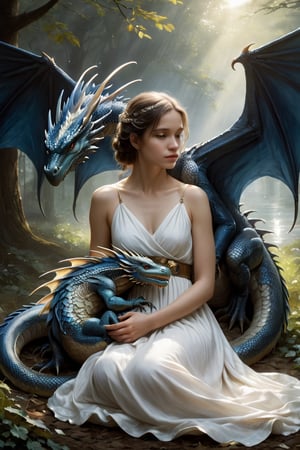 Dark romance fantasy, a draconic woman 18 years old in a loose white dress is curled up laying on the ground hugging her knees in fetal-position, her own wings are wrapping around her body", pet and blue dragon comforting her, loosely hugging holding small dragon,  elegant, melancholia, comfort, wings, horns, scales, Masterpiece, Intricate, Insanely Detailed, Art by todd lockwood, chris rallis, anna dittmann, Kim Jung Gi, Gregory Crewdson, Yoji Shinkawa, Guy Denning, Textured!!!!, Chiaroscuro!!, actionpainting", best quality, masterpiece,PetDragon2024xl