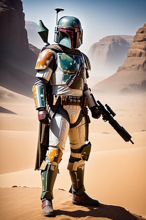 A stunning photograph of Boba Fett, the iconic Star Wars character, standing tall amidst a rugged, desert-like terrain. Clad in his signature Mandalorian armor, the helmet's T-shaped visor stands out against the rusty, weathered armor adorned with chipped paint and scratches, telling tales of countless battles and adventures. He holds a blaster pistol firmly in his right hand, aimed steadfastly forward, ready for any threat. The background, a vast, rocky landscape with hints of a canyon, exudes an air of danger and mystery, alluding to Boba Fett's mission or patrol in this unforgiving environment., photo