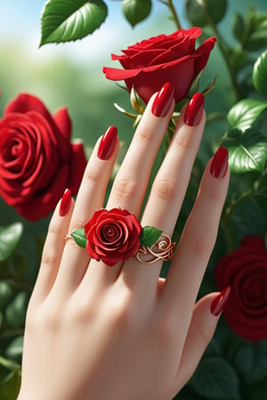 A stunning 3D render of a close-up view of a woman's finger wearing a captivating ring. The ring is intricately designed as a life-like red rose, complete with delicate petals and leaves. The rose is attached to a verdant twisted wire, resembling a delicate vine or stem. The background is blurred, allowing the focus to be on the exquisite ring and the finger adorned with it. The overall atmosphere of the image is vibrant, as if the finger is immersed in a lush, natural outdoor setting., 3d render, photo, vibrant