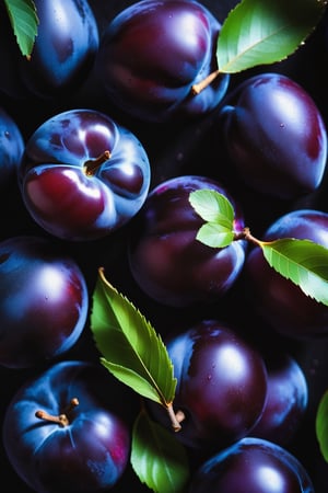 A closeup of fresh plums, with intense purple hues and glossy texture captured details. dark background highlights intricate plums surface. green leaves. in the style of minimalist still life photography from above --ar 1:1