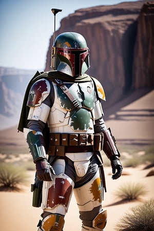 A stunning photograph of Boba Fett, the iconic Star Wars character, standing tall amidst a rugged, desert-like terrain. Clad in his signature Mandalorian armor, the helmet's T-shaped visor stands out against the rusty, weathered armor adorned with chipped paint and scratches, telling tales of countless battles and adventures. He holds a blaster pistol firmly in his right hand, aimed steadfastly forward, ready for any threat. The background, a vast, rocky landscape with hints of a canyon, exudes an air of danger and mystery, alluding to Boba Fett's mission or patrol in this unforgiving environment., photo