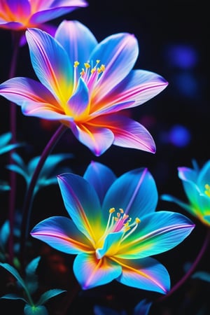 two colourful flowers from blue to purple light up the night, in the style of ethereal creatures, luminescent color scheme, beautiful glowwave, hyperrealistic marine life