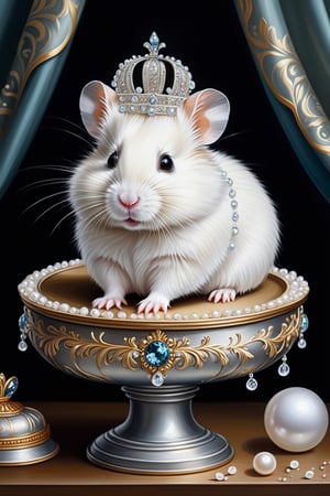 A whimsical and luxurious painting featuring a fluffy white hamster, adorned with a delicate tiara, nestled within an elegant silver-colored, round container. The container is intricately patterned and adorned with embedded crystals, creating a sense of opulence. The hamster's luxurious lifestyle is further emphasized by the scattered pearls on the wooden surface beneath the container. The dark background highlights the luminosity of the hamster and the container, making them the center of attention in this fantastical scene., painting