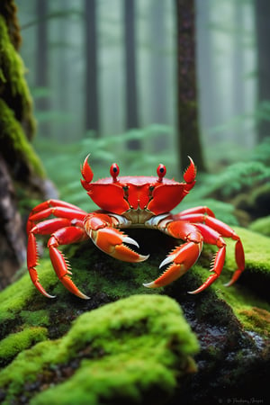 A captivating ultra-high-definition photo featuring a remarkably designed crustacean, adorned in vibrant red fur. The fur, boasting an array of textures, adds depth and dynamism to the crab's unique appearance. Perched atop a moss-covered rock, the crab's presence adds a sense of whimsy and wonder. The serene forest backdrop, complete with towering trees and a soft mist, only enhances the enchanting atmosphere of this fantastical scene., photo