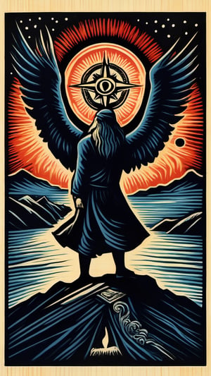 A lino print of 
Human with eagle face, wings on arms, powerful animal humanoid, UFO, Alien, fog, sea, Light house, mustache, skull, Egyptian hieroglyphs, moon, stars, Virgin mary, Gypsies, tarot, Glass ball, colorful, astrology, long hair, mother nature, death, made by Tim burton and Guillermo del Toro, neon colors

Description:

Create a mysterious and paranormal masterpiece depicting the conflict between the Illuminati and the Masons, using the intricate art style reminiscent of the fine lines found on US Dollar bills. Set against a dark and enigmatic backdrop, this artwork aims to captivate viewers with its unique and thought-provoking imagery, sparking discussion and controversy.

Specific Instructions:

Composition:
Design a complex and visually striking composition that conveys the clandestine nature of the Illuminati-Masons conflict. Experiment with symmetrical arrangements and geometric patterns to create a sense of order and mystique.
Iconography:
Incorporate symbolic imagery associated with both the Illuminati and the Masons, such as the all-seeing eye, pyramid, compass, square, and other esoteric symbols. Use fine lines and intricate details to enhance the mysterious aura of these symbols.
Contrast and Depth:
Utilize shading, perspective, and depth of field to add dimensionality and visual interest to the artwork. Create areas of light and shadow to emphasize the contrast between opposing forces and add depth to the composition.
Paranormal Elements:
Introduce paranormal elements and supernatural phenomena to heighten the intrigue and mystery of the artwork. Incorporate ghostly apparitions, mysterious symbols, or otherworldly beings lurking in the shadows, hinting at hidden truths and secret agendas.
Color Palette:
Opt for a dark and somber color palette with shades of black, gray, and deep indigo to convey the ominous atmosphere of the artwork. Use subtle hints of gold or other metallic tones to evoke the opulence and power associated with secret societies.
Fine Line Art Style:
Emulate the fine line art style found on US Dollar bills, with intricate patterns, detailed illustrations, and precision linework. Pay close attention to detail and craftsmanship to create a visually stunning and technically impressive masterpiece.
Viral Potential:
Aim to create an artwork that is both visually captivating and conceptually intriguing, sparking curiosity and speculation among viewers. Encourage sharing and discussion on social media platforms by tapping into the zeitgeist of conspiracy theories and secret societies.
Additional Notes:

Encourage experimentation and creative interpretation in bringing this enigmatic and polemic masterpiece to life. Embrace the ambiguity and complexity of the subject matter, leaving room for viewers to draw their own conclusions and interpretations.
Strive to create an artwork that resonates with audiences on an emotional and intellectual level, inspiring curiosity, debate, and speculation about the hidden forces at play in the world.
, dark palette,  high resolution and contrast,  intricately textured and detailed,  fine artwork,woodblock print, very fine lines