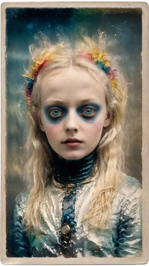 Old platinum palladium photograph in color, old photography, very colorful, Portrait blending mythological elements with an intergalactic theme, captured through the grainy aesthetic of a Kodak Colorburst Instant camera, features a face with extreme detail in the pupils and soft skin, reminiscent of the styles of John Kane and Naoto Hattori, digital painting, ultra fine, cinematic., Blond 
