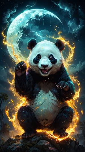 glowneon,glowing storm evil Panda bear conjuring a swirl of arcane energy under a moonlit sky, captured in a mystical style by FranckyXVWolff with a 6K resolution, nocturne ambiance, luminescent eyes, enchanting glow of magic, high contrast between light and shadow, ultra fine detail, digital painting (masterpiece, top quality, best quality, official art, beautiful and aesthetic:1.2)
