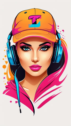 logo for a t-shirt,, only shades and colors, abstract (best quality, 4k, 8k, highres, masterpiece:1.2), ultra-detailed,T-shirt design,illustration, 21 year old girl working out with makeup and headphones on her head is wearing a cap,vector illustration,white background
