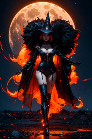 very sensual, sexy, gorgeous girl, 19 years old, tight clothes, glowneon,glowing storm evil orange witch conjuring a swirl of arcane energy under a moonlit sky, captured in a mystical style by FranckyXVWolff with a 6K resolution, nocturne ambiance, luminescent eyes, enchanting glow of magic, high contrast between light and shadow, ultra fine detail, digital painting (masterpiece, top quality, best quality, official art, beautiful and aesthetic:1.2) witch hat, (((full body portrait))), long thick thighs, big boobs, naked, nude, prfect boobs, perfect vagina