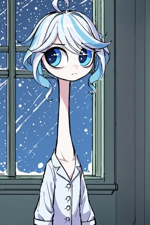 furina, looking to the side, half closed eyes, bruises under the eyes, :(, frown, white pajamas, (big eyes : 1.3), long neck, flat colours, window, colourful, 2d, rough outlines, sketch, particles, stars