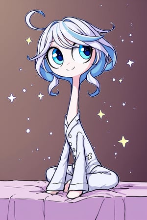furina, looking to the side, half closed eyes, wide smile, sitting on bed, white pajamas, (big eyes : 1.3), long neck, flat colours, colourful, 2d, rough outlines, sketch, particles, stars