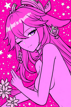 yae miko, one eye closed, half closed eyes, :'), lying on side, pink background, colourful, 2d, rough outlines, sketch, sticker, particles, stars, flowers