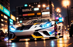 (best quality, 4k, highres, masterpiece:1.2), ultra-detailed, realistic, HDR, studio lighting, Professional, vivid colors, Physically-based rendering, extreme detail description, Bokeh, (Racing car, cyber Car), front view, cyberpunk, retro, zeekars, (with glowing rims), wide tires, parking lot, night city, cyberpunk theme, cyberpunk city , Depth of field, intricate details, volumetric lighting , (dynamic composition), highly detailed, colorful details, (iridescent colors), (glowing lighting, atmospheric lighting), (solo), lens flare, (colorful), Cinematic light, high-res, sharp focus, smooth, colorful light, particles, (white and silver colors schemes),