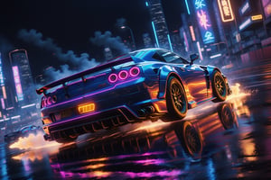 Anime-style street racer, neon-lit city, fast cars, drifting, adrenaline-fueled action, intense concentration, midnight speed,Movie Still,fire element