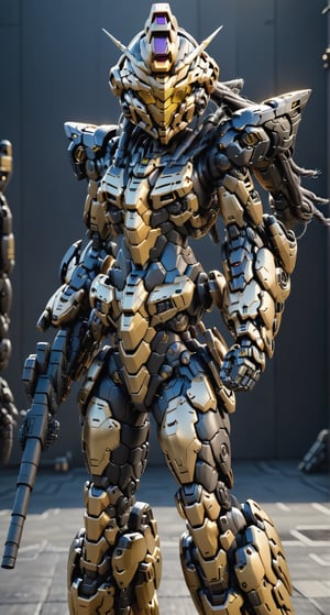 Realistic black and gold combat mecha in an advanced cybernetic suit with cyberpunk technological helmet and visor holding a gun, UHD, masterpiece, ccurate, anatomically correct, textured skin, super detail, best quality, award winning, highres, 4K, 8k, 16k,More Detail,Golden Warrior Mecha,mecha\(hubggirl)\,mecha_musume,Movie Still