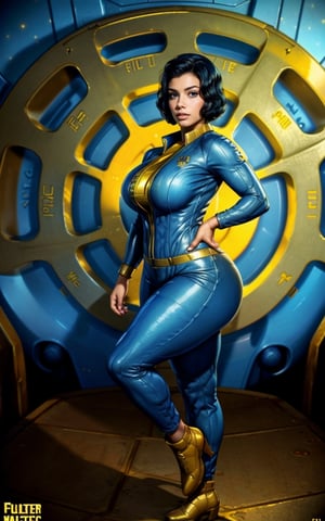 (masterpiece, best quality, realistic), full body, wide shot, 1girl, (Fallout 4 Vault girl), vault tec, sexy girl, beautiful, short blonde hair, smiling with closed mouth, (body tight jumpsuit), (deep blue jumpsuit with golden details from vault 111) (jumpsuit with long sleaves and frontal zipper, no_cutouts), combat boots, pipboy on wrist, (vault girl), vault 111, ((curvy body)) defined body, long legs, good lighting, very detailed face, eyes highly detailed, random sexy pose, fallout,falloutPinUP