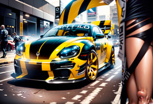 a (((hyper-realistic))), (((32k UHD masterpiece in the style of a cinematic art piece))). The focal point is a futuristic "race car muscle new beetle"