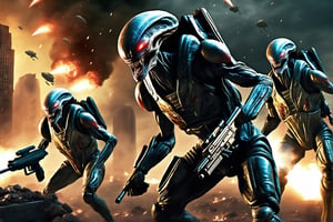 "Creepy and intense alien invasion scene with dark atmosphere, dramatic lighting, and intense action. Show powerful extraterrestrial creatures, advanced technology, destroyed cityscape, panicked civilians, and a sense of imminent danger. Generate an unsettling and immersive image that captures the chaos and terror of an otherworldly invasion. a group of humans wearing futuristic suits are fighting with laser guns, bloody war, The scene is extremely complex, extremely impressive with intricate details, extremely smooth displayed textures. Bright, sharp light",