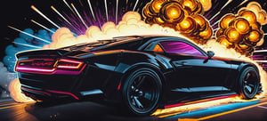 a futuristic black car in a deadly race, with cars crashing and exploding on all sides, asphalt burst into flames, lightening, smoke stormy sky, cinematic, epic composition, volumetric lighting, studio lighting, masterpiece, comic book style