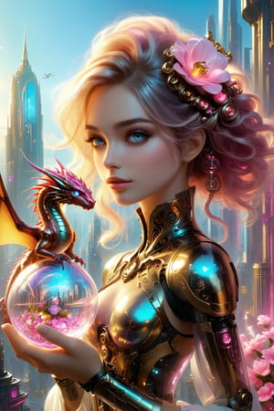 Realism, On top of the world and looking at it, Imagine a dynamic scene with a full body image of a (((beautiful cyborg and her small robot dragon))), translucent glowing glass body with pink flowers and clockwork completely visible through her translucent glass body walking through a futuristic city, fully transparent glass, award winning, concept design, polycarbonate, quantum flowers, visible internals art by lisa frank and karol bak and Kirsty Mitchel, flowy hair, (full body:1.2), fantasy, work of beauty and complexity, the most attractive kind female soul sphere gold and colorful, astonishing, over a futuristic city, cyborg style, glowing translucent glass, amber glow, steampunk style, glass body, translucent seethrough glass like body, absurdres, fluid movement, stylized digital painting inspired by fashion photography, epic dof ,PetDragon2024xl,real_booster,photo_b00ster, cinematic moviemaker style