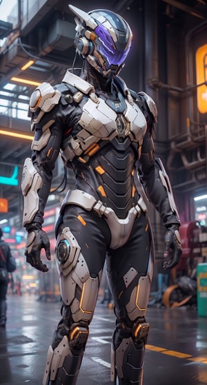 Realistic white combat mecha in an advanced cybernetic suit with cyberpunk technological helmet and visor
,Mecha