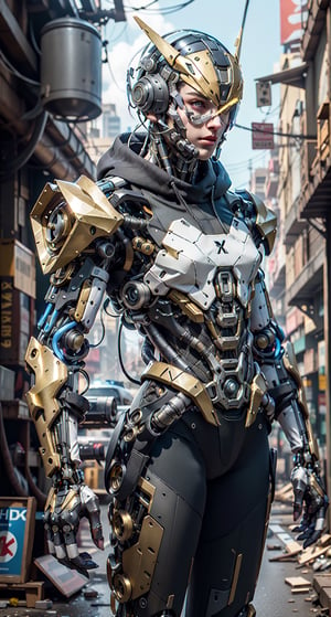 Realistic black and gold combat mecha in an advanced cybernetic suit with cyberpunk technological helmet and visor holding a gun, UHD, masterpiece, ccurate, anatomically correct, textured skin, super detail, best quality, award winning, highres, 4K, 8k, 16k,More Detail